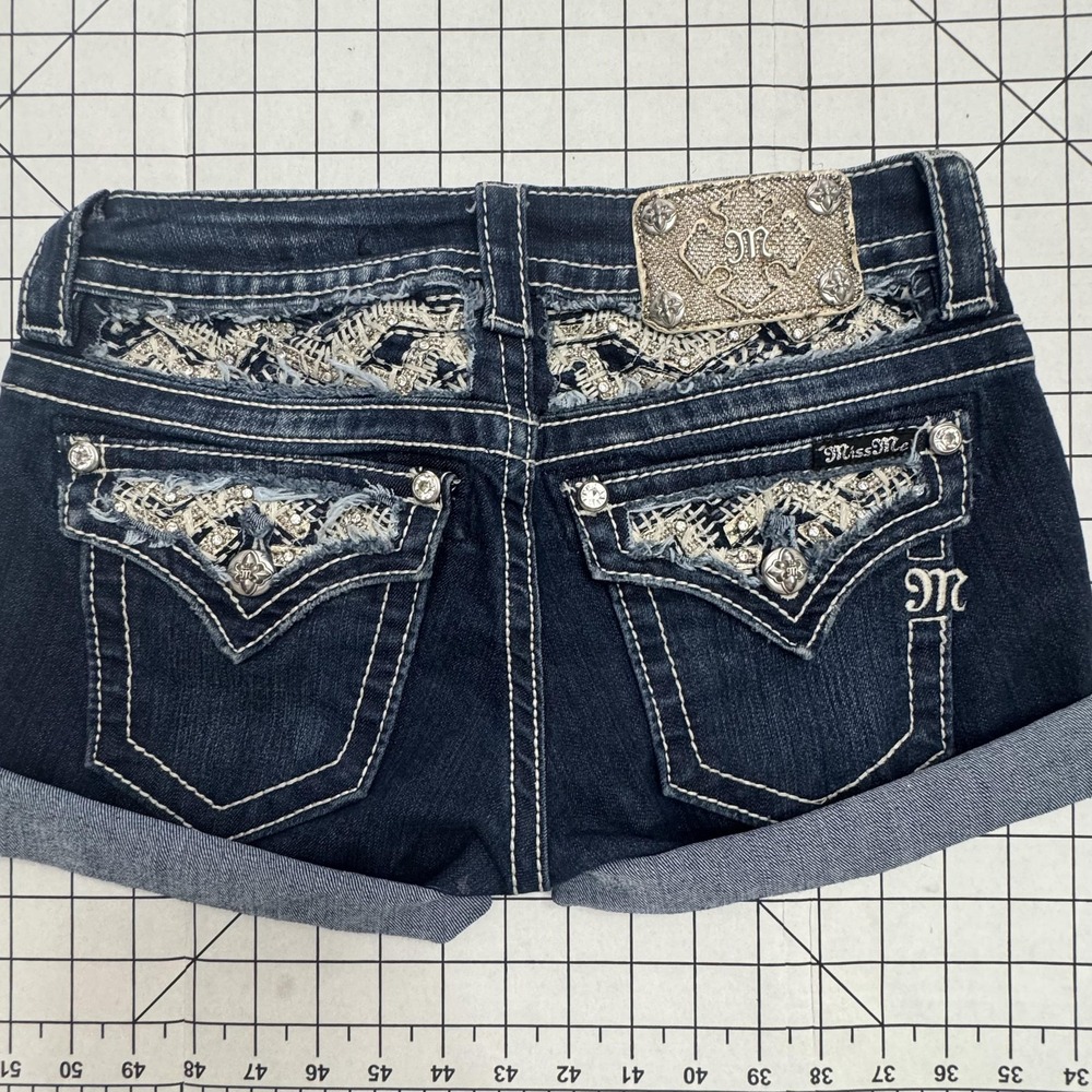 Miss Me Shorts Juniors 25 Blue Denim Cuffed Hot Pants Embroidered Rhinestone
